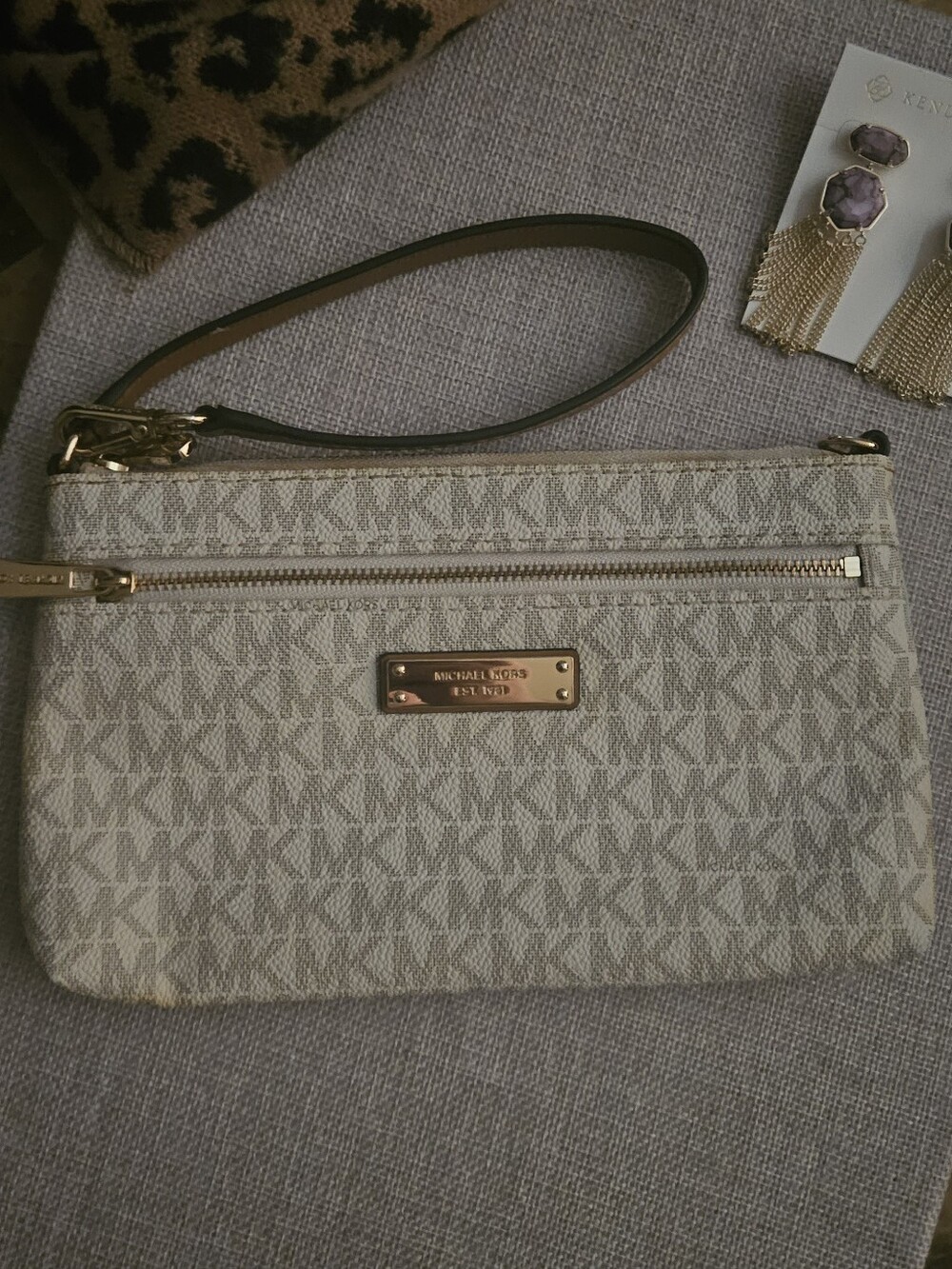 Michael Kors Beige Monogram Wristlet with Gold Hardware